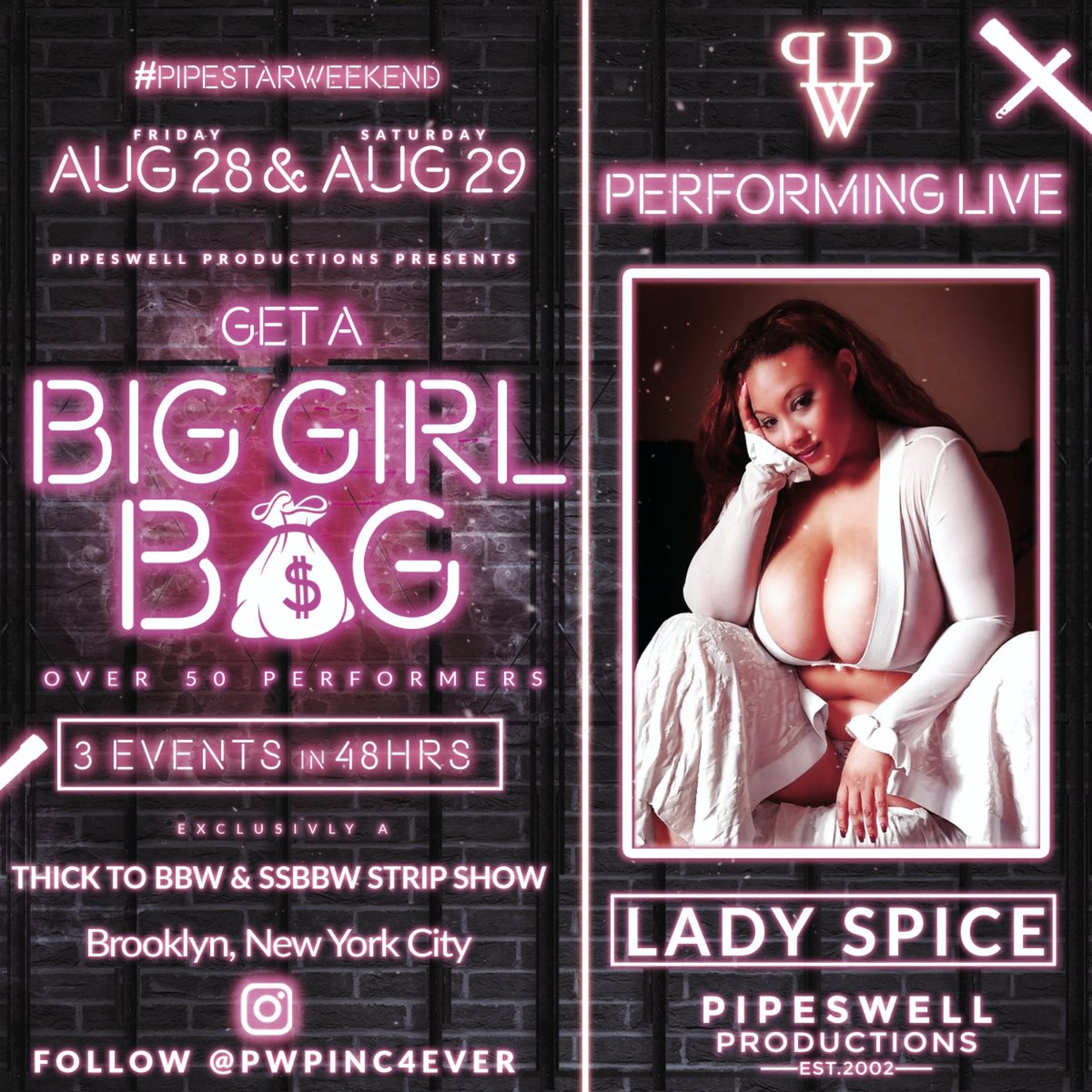 pwpinc4ever's tweet photo. Performing Live @LadySpiceXXX

TICKETS ON SALE NOW!
3 Events in 48 Hours #PIPEStarWeekend #NYC #BoatRide

@pwpinc4ever Presents 
💰Get a BIG GIRL BAG 💰

Aug 28th - 29th  #NYC
⚫
2 Venues
ALL THICK to BBW &amp; SSBBW Strip Show, Event , Party &amp; BOAT RIDE https://t.co/Fq3GXfUzIY
