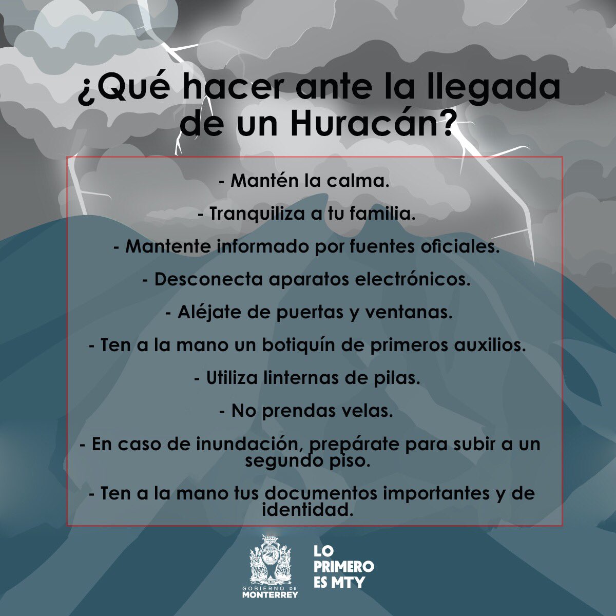 mtygob's tweet photo. Te compartimos las siguientes recomendaciones sobre qué hacer ante la llegada del Huracán #Hanna. Es sumamente importante seguir estos consejos. ¡El bienestar tuyo y el de tu familia es nuestra prioridad! ✅ https://t.co/3mtU8VPAMK
