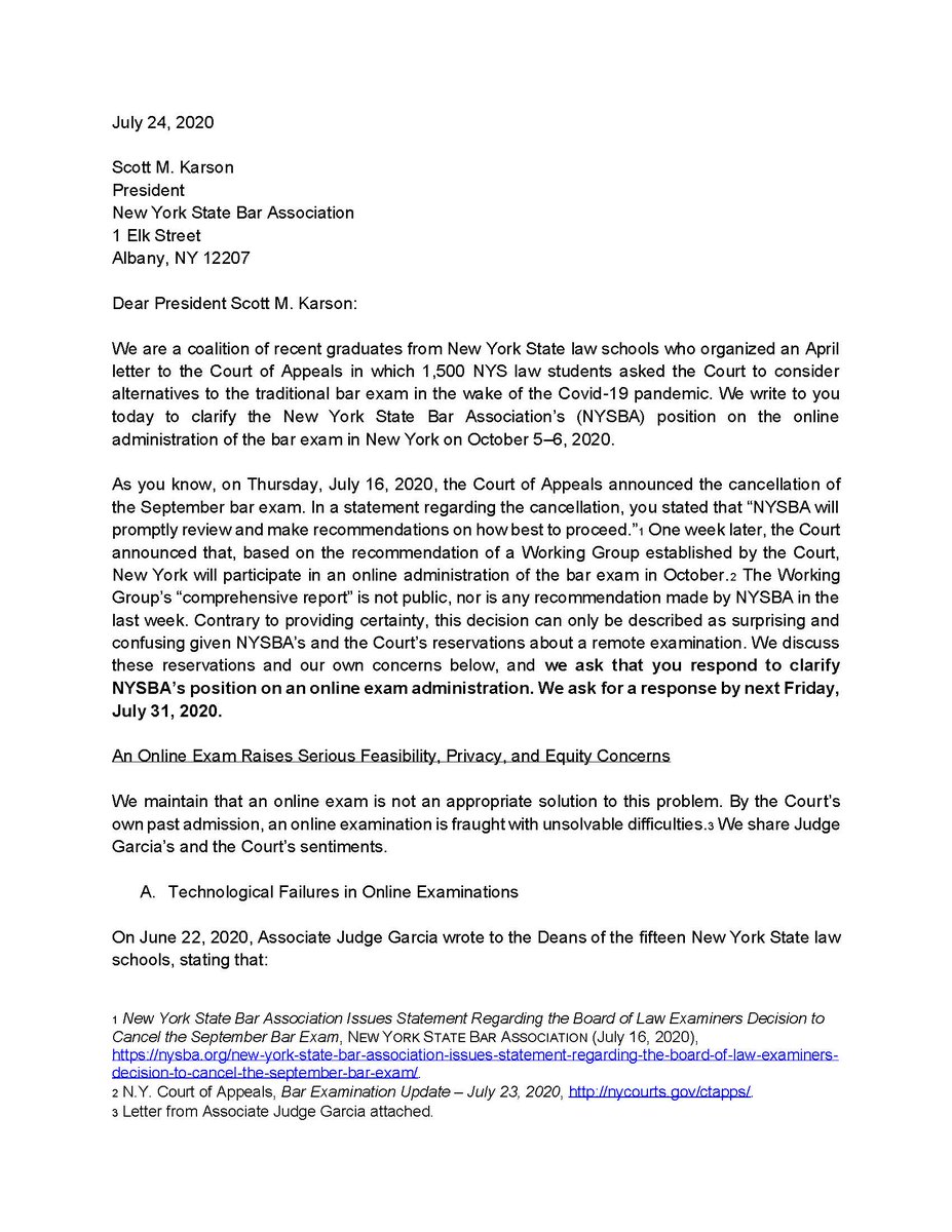 I am also sharing, in two installments, a letter that the New York State Law Grad Coalition sent recently to the  @NYSBA. It outlines some of the major problems with administering an online bar exam. 1/2