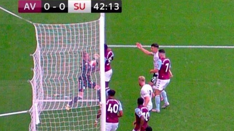 FootyHumour's tweet photo. Aston Villa are staying in the Premier League as a result of someone forgetting to turn on goal line technology and this goal that they should have conceded by Sheffield United not counting. You couldn’t write it. https://t.co/26yBcSe23C