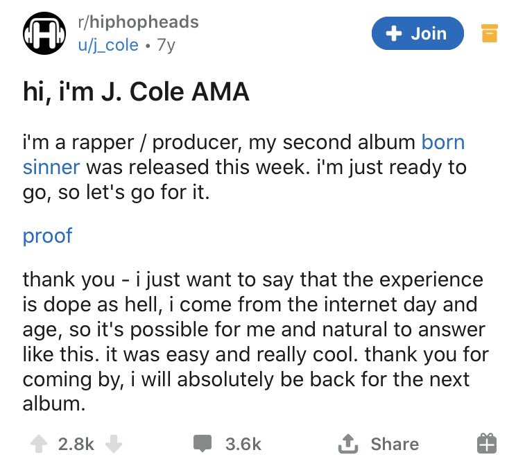 J. Cole answering questions on a reddit after born sinner released 7 years ago, check out the thread for the best responses