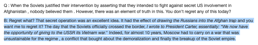 Anyway, so we know about this project about breaking up China.The next big important thing, as it pertains to Xinjiang specifically, is the US funding and arming of terrorists.Brzezinski in 1998 could not make it more clear: the USA wants to drag China into an "Afghan trap"