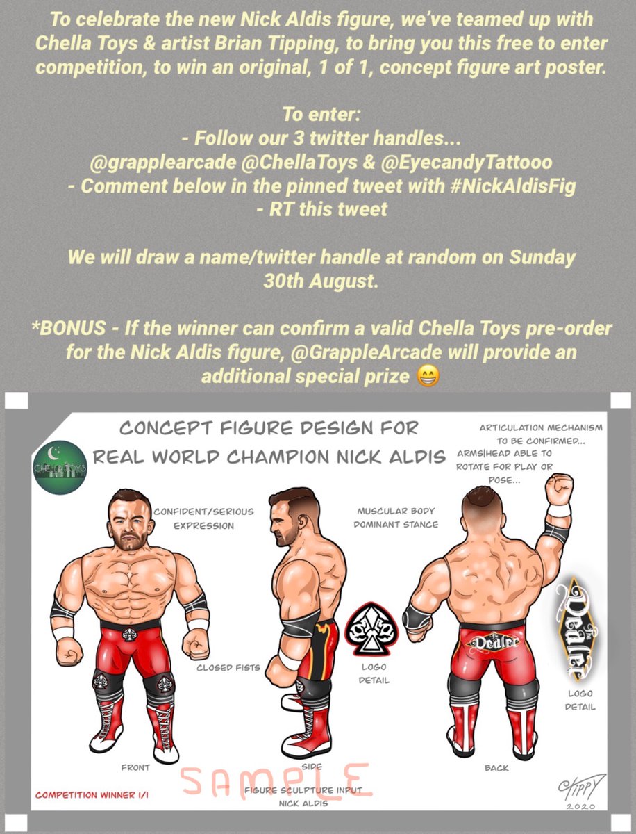 grapplearcade's tweet photo. To celebrate the new Nick Aldis figure, we’ve teamed up with Chella Toys &amp; Brian to bring you this free to enter competition, to win original concept figure art.
To enter:
- Follow @grapplearcade @ChellaToys &amp; @EyecandyTattooo 
- Comment below with #NickAldisFig
- RT this tweet https://t.co/wycV1EDkS7