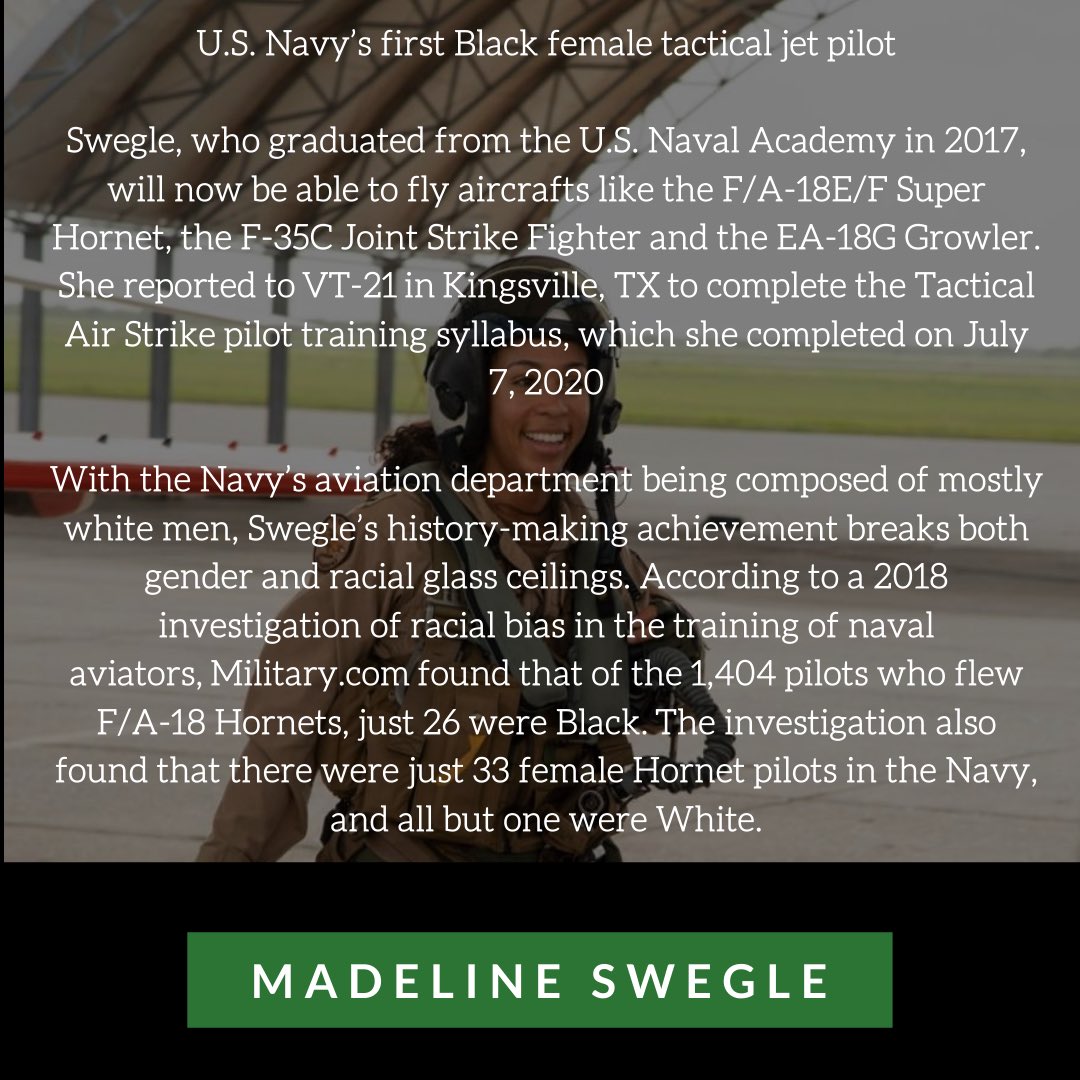 ACAviationUK's tweet photo. Madeline Swegle - U.S. Navyβs first Black female tactical jet pilot.
Afro-Caribbean in Aviation UK
#pilots #blackpilots #africanpilot #blackpilot #caribbeanpilot #ukpilot #2020 #uk #aviation #cabin #cabincrew #cabincrewuk #BlackLivesMatter #BLM #ChangeTheNarrative #Blackowned https://t.co/2oy8BcYnNg