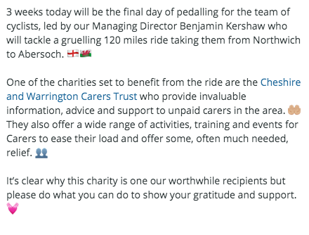 3 weeks today will see the final stretch the 120 mile charity bike ride taking place in aid of three amazing charities, one of which is the wonderful <a href="/cheshirecarers1/">Cheshire and Warrington Carers Trust</a>. Please give what you can to this worthy cause that is so close to the hearts of us all. ow.ly/cdoj50AbfPj