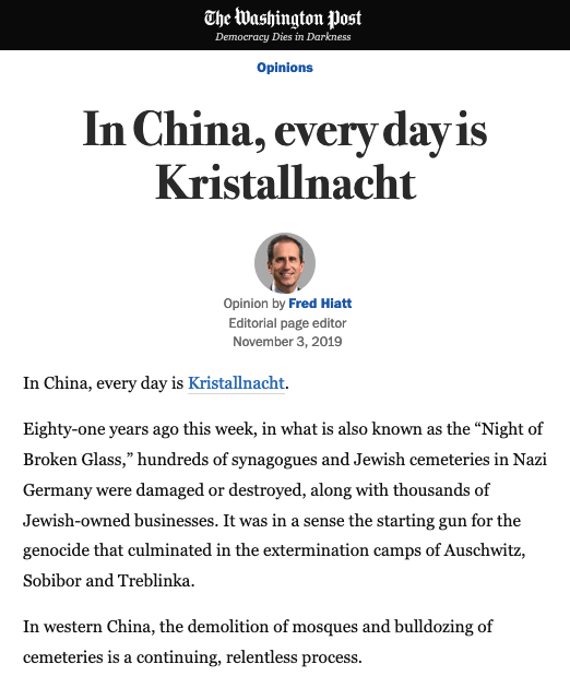 China responded not by sending the PLA, but instead by creating de-radicalization programs and schools.Maybe this project is under-funded, under-supervised, and fraught with abuse? Possibly. I sure hope it isn't."Every Day Is Kristallnacht"? Resolutely not.