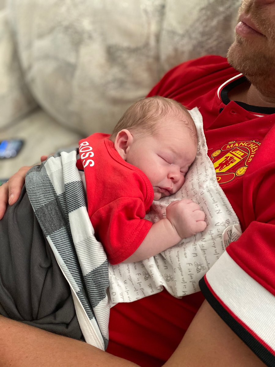 Coachjrross's tweet photo. Graeme’s first meaningful match day.  The excitement of Man United getting back to Champions League was too much for him I think. But you can see the look of relief and what it means to him to go Top 4!
#TheRedsGoMarchingOn
#Top4 https://t.co/W6XVkLpG6w