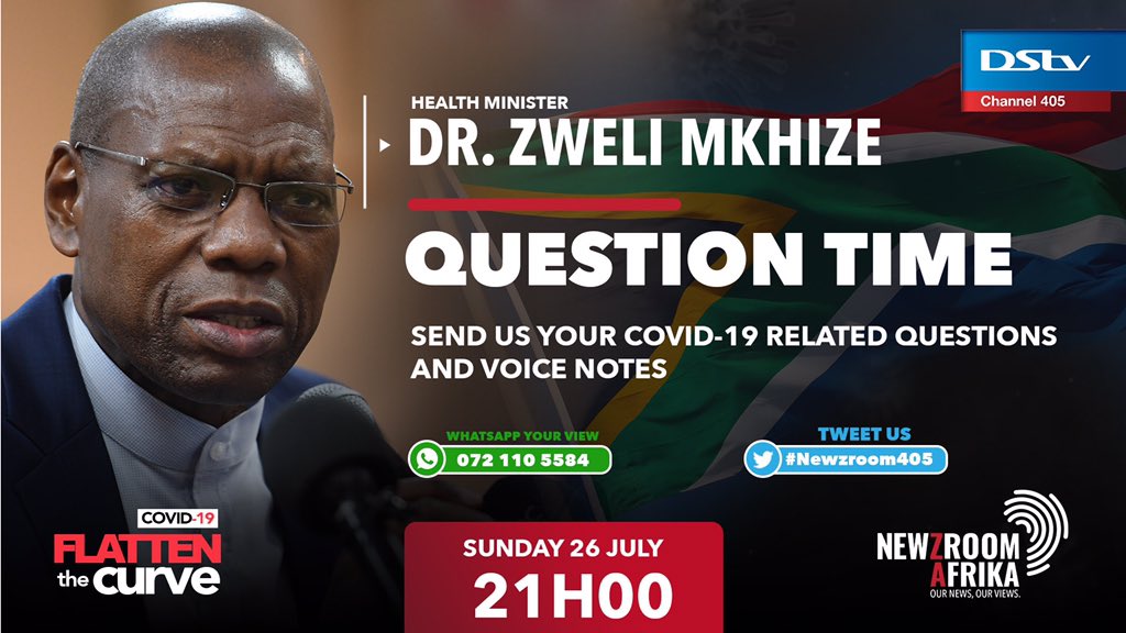 Newzroom405's tweet photo. .@DrZweliMkhize, Minister of Health, will be on “Flatten The Curve” at 21:00. 

Send your COVID-19 questions to our WhatsApp line: 072 110 5584. https://t.co/kQwZ8vV4RY