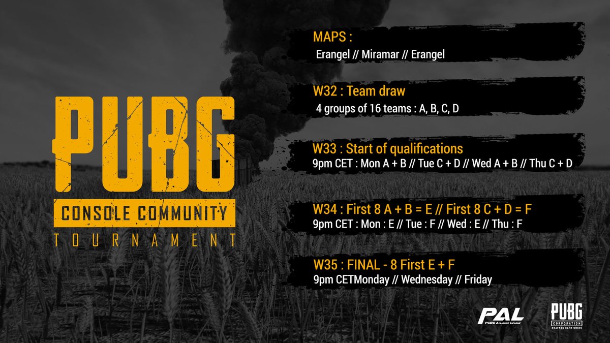P_A_LEAGUE's tweet photo. The PUBG Alliance League #PAL is pleased to announce that registration for the PUBG Console Community Tournament will open on our discord, tomorrow July 27, at 6:00 pm CET.

https://t.co/rIdWcQ0Y28 https://t.co/Ru9v4HAYm9