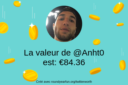 Anht0's tweet photo. Mon twitter vaut: €84.36

Trouvez le vôtre avec https://t.co/EYD31hxUC9

⠀ https://t.co/ylNwtspDdi