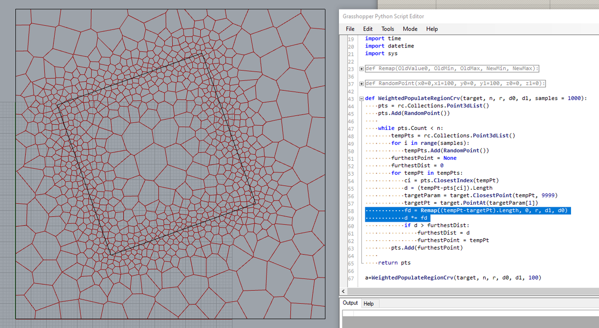 TMWarchitecture's tweet photo. Weighted Populate function, inspired by @jhorikawa_err , but used a distance factor when selecting the point to keep. #rhinopython #Grasshopper3D https://t.co/V1GBbB4dX7