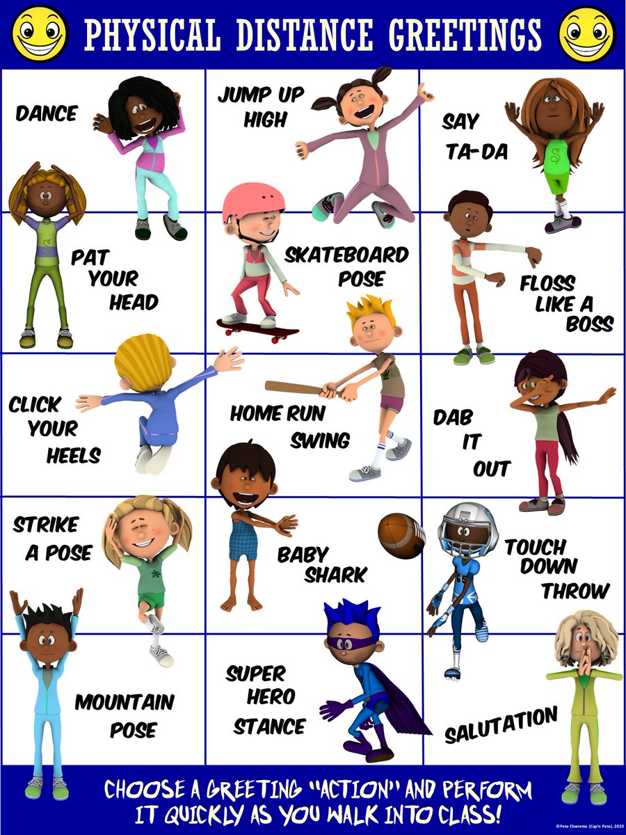 FREE Visual for Back to School in the COVID era. Physical Distance Greetings for the Gym or Classroom. Say HELLO with a FUN and DISTANCED action...5 color schemes. On Cap'n Pete's site located here: tinyurl.com/PhysicalDistan…  #PhysEd #ElemPE #Espechat #PEGeeks #HealthEd