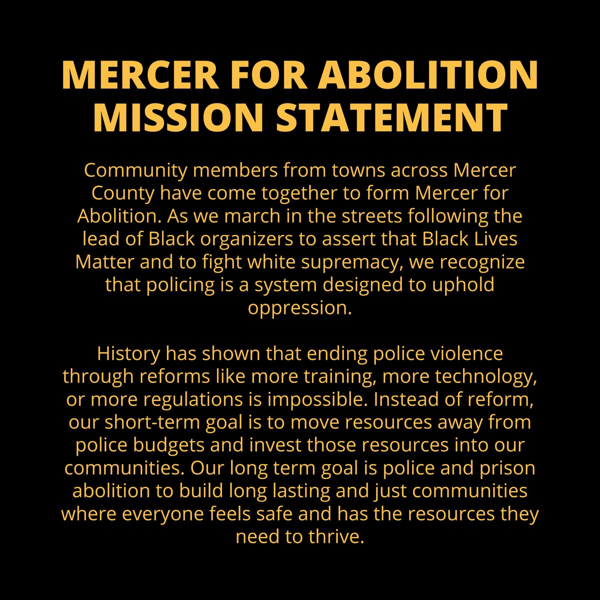 mercerabolition's tweet photo. New followers, supporters, &amp; fellow police and PIC abolitionists:

We’ve updated the Mercer for Abolition mission statement. 

DM for more information about getting directly involved in the movement toward abolition in Mercer County. https://t.co/ouJb9aeOZ5