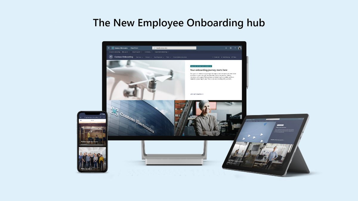 Images of the New Employee Onboarding hub on a mobile, desktop and tablet device.