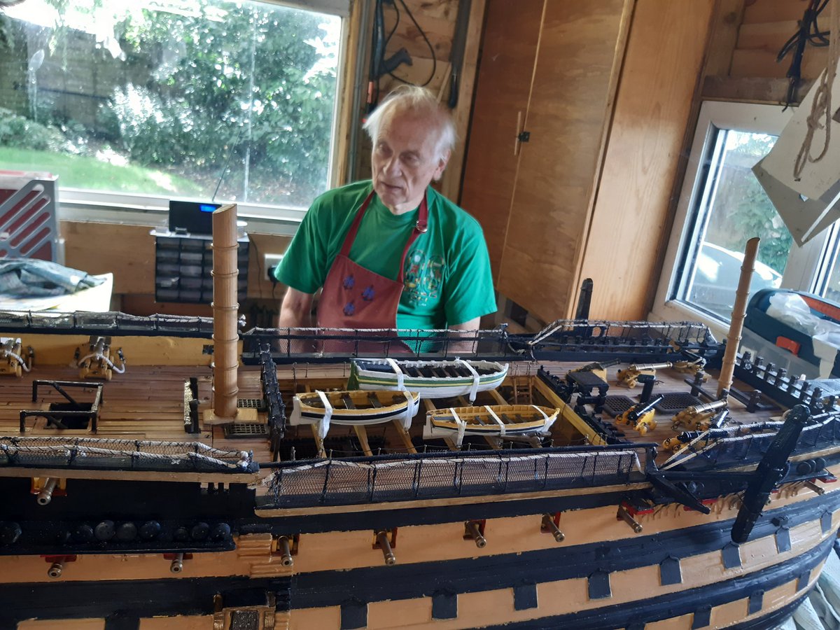 5 yers ago he decided to finish it. He has arthritis in his hands and he'll admit his eyesight isn't what it used to be. Today he is just waiting on a 3D print of the figure head (he admits it's too technical for him to make it from scratch). Otherwise it's finished