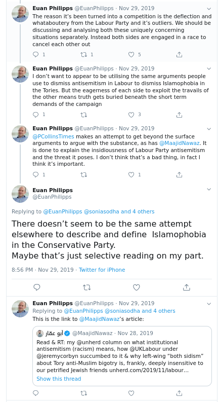 "I don't want to appear like I'm doing the same thing apologists for antisemitism in labour do I've even asked one non-muslim and one muslim apologist for Islamophobia but that's different from appealing to antisemitism apologists because reasons"