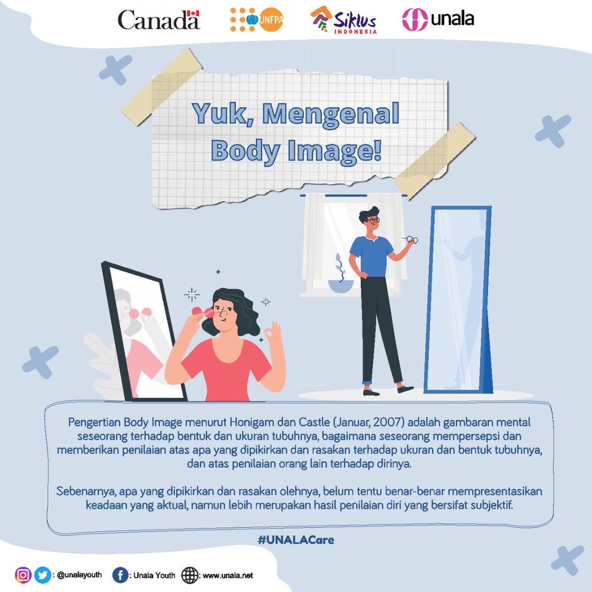 UnalaYouth's tweet photo. Gimana cara kita menggambarkan tubuh sendiri? Apakah dengan bercermin atau dengan bertanya dengan sahabat dan orang terdekat lainnya? Nah, biar lebih jelas
Yuk, kita belajar bareng tentang Body Image!
Sumber:
https://t.co/zFaXuYU9Xw
#unalayouth #unalacare #unala_bodyimage https://t.co/GetIi8KPzh