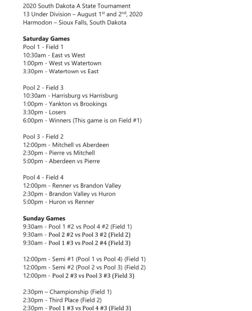 EightsBaseball's tweet photo. ATTENTION: 

The 13U State Tournament bracket has been released. 

Your 13U Eights will open with Mitchell and Aberdeen on Field 2 on Saturday, August 1st in Sioux Falls.

Current regular season record: 17-6 (DH today) 

#RollEights https://t.co/NoYw9eGqAn