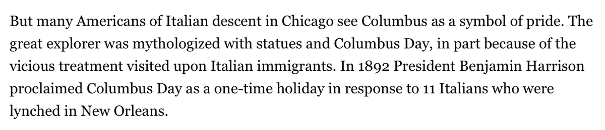 As such, it's completely logical people don't want Columbus honored with public statues.Moving on, in Friday's column Kass noted many Italian-Americans in Chicago see Columbus as a "symbol of pride," adding Columbus Day was established after 11 Italians were lynched in NOLA.