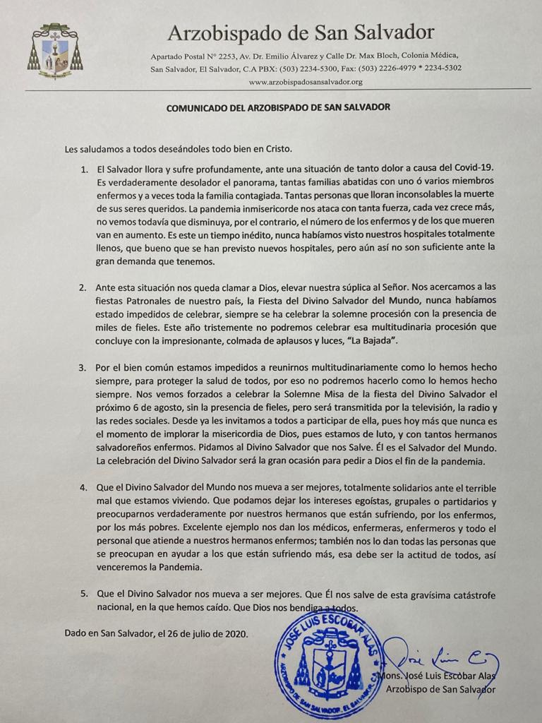 arzobispadoss's tweet photo. #Comunicado del Arzobispado de San Salvador  sobre las Fiesta del Divino Salvador del Mundo y la realidad nacional.⬇️ https://t.co/f5TupGEmOF