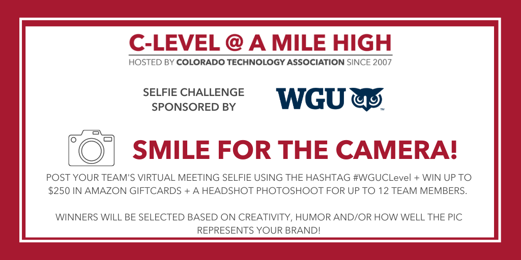 ColoTechAsn's tweet image. #CLevel2020 is just around the corner &amp;amp; @wgu is sponsoring our SELFIE CHALLENGE to get you ready! 

Post your team&apos;s virtual meeting selfie using #WGUCLevel + win up to $250 in Amazon gift cards + a headshot photoshoot for up to 12 team members.