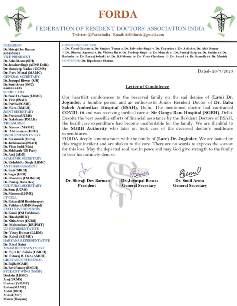 FordaIndia's tweet photo. Deeply saddened by the untimely demise of (Late) Dr. Joginder of Dr. Baba Saheb Ambedkar Hospital, Delhi. Its a huge loss for the whole Medical fraternity. May his soul rest in peace🙏🏼 #COVID19 @CMODelhi @ArvindKejriwal @SatyendarJain @drharshvardhan @DrHVoffice @MoHFW_INDIA https://t.co/vg6n16tB0Y
