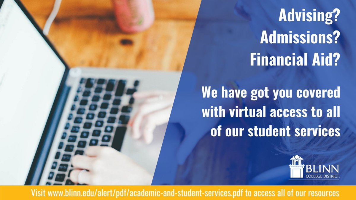 Even though our campuses are currently closed to visitors, our amazing #Blinn staff are still available to assist you virtually! From advising to financial aid, we're here for you! For hours, appointments, and contact info visit bit.ly/2yhPvmy.