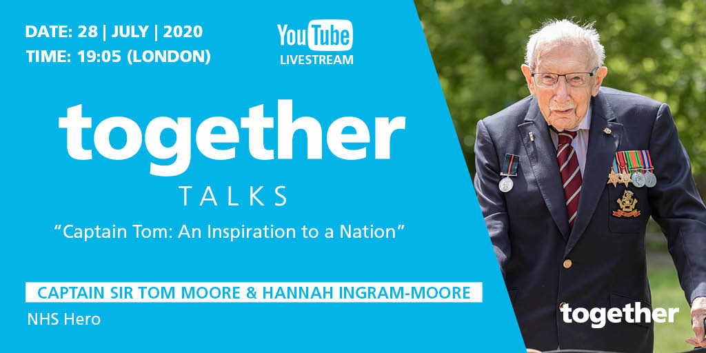 Don't miss your chance to submit your questions for Tuesday's #togetherTalks! We're joined by Hannah Ingram-Moore, daughter of @captaintommoore to reflect on his amazing achievements! ⏰ 19.05 🗓️ Tuesday 28th July 🔴 Live on YouTube ➡️ Register: eventbrite.co.uk/e/captain-tom-…