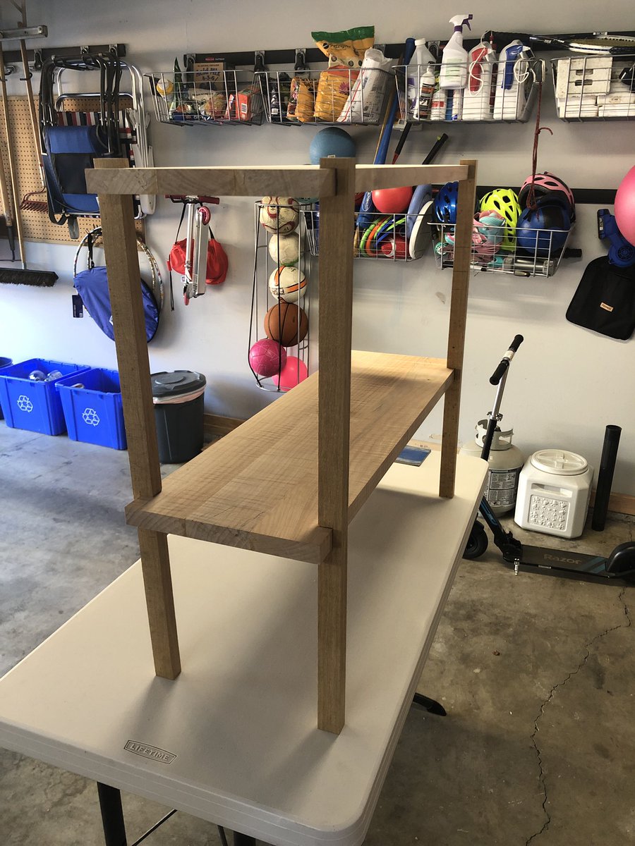 kaetzel's tweet image. Big leaf maple shelves and quart-sawn white oak legs. Material from Zena Forest Products.  Borrowed the idea from a set of craftspeople in PDX. Dry fit. Glue up later. #woodworking #covidprojects