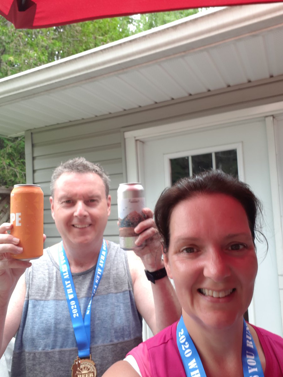 Andrew__Holland's tweet photo. The virtual July race #WhatAlesYouRun is in the books. The medal is nice. The company with @HeleneHHolland & @trailwaybrewing is better! Thanks to @FrederictonBeer @Lloyd_Chambers #running #beer #summer https://t.co/ZFqMDGXDTc