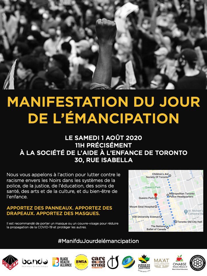 LauraMaeLindo's tweet image. Please share widely!

This #EmancipationDay2020 we march. 

We march for justice. 

We march for true liberation. 

We march in the name of our ancestors. Ashe! 💜 

✊🏾 August 1, 2020

✊🏿11:00am Sharp

✊🏽 Children’s Aid Society of Toronto (30 Isabella St)

✊🏾Masks on &amp;amp; pull up!
