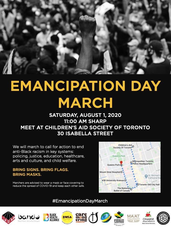 LauraMaeLindo's tweet image. Please share widely!

This #EmancipationDay2020 we march. 

We march for justice. 

We march for true liberation. 

We march in the name of our ancestors. Ashe! 💜 

✊🏾 August 1, 2020

✊🏿11:00am Sharp

✊🏽 Children’s Aid Society of Toronto (30 Isabella St)

✊🏾Masks on &amp;amp; pull up!