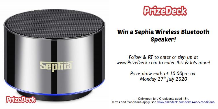 prizedeck's tweet photo. We're giving away a Sephia Wireless/Bluetooth Speaker!

Follow &amp; RT for your chance to WIN a superb quality wireless speaker! Ideal for home, work, garden, beach or just about anywhere.

Terms Apply: UK &amp; 18+ Only
Ends 10PM Monday 27th July 2020 https://t.co/H8AhbPNoHV