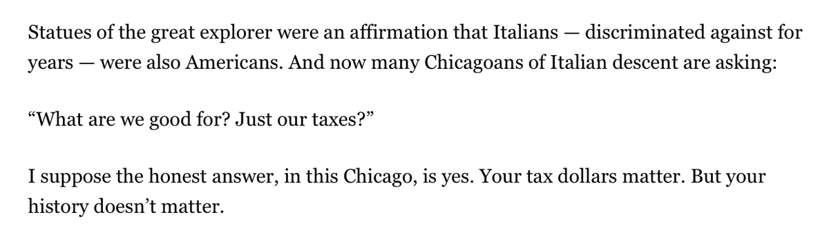 So its ironic that pro-cop John Kass is arguing that the removal of tributes to Columbus, create in part as a result of the pro-cop lynching of Italians, shows that Chicago leaders feel "[Italian-American] history doesn't matter."