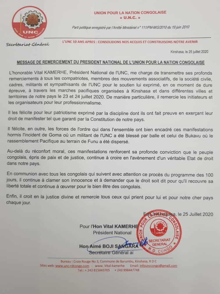 CBukavu's tweet photo. L'Honorable Vital Kamerhe , Président Nat. de l'UNC remercie les compatriotes , les mouvements associatifs ainsi que les membres et sympathisants UNC  pour le soutien lui témoigné à travers les marches organisées dans le pays . Il regrette les incidents survenus à Goma et Bukavu. https://t.co/RkkeAkMHbU