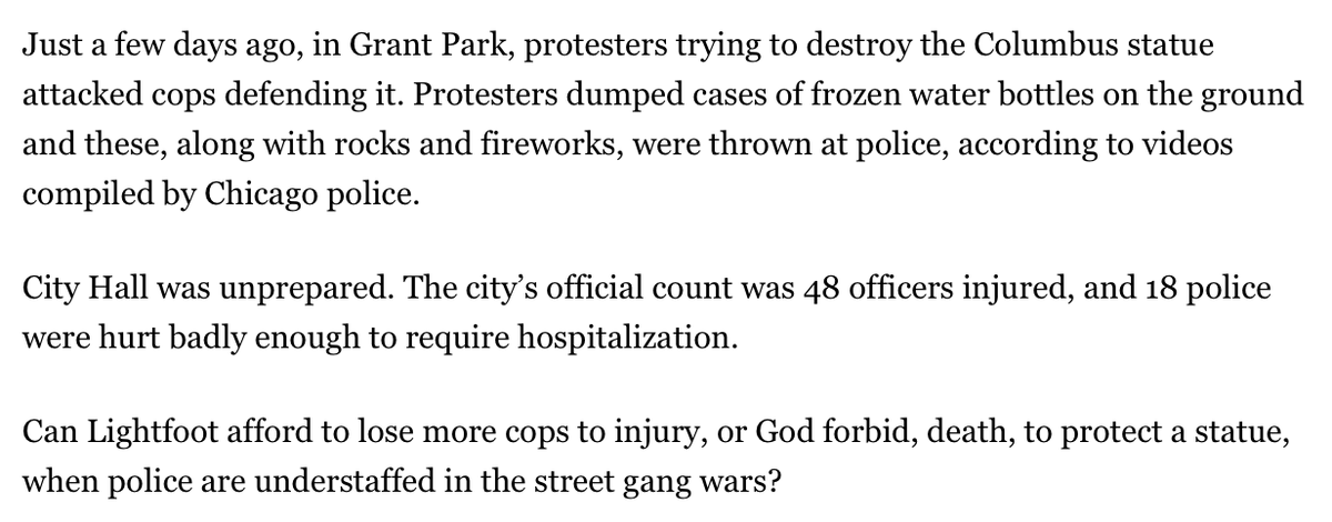 But I'm actually sort of on the same page with Kass that the apparently unprovoked attack on CPD officers guarding the downtown statue during the recent protest was problematic.