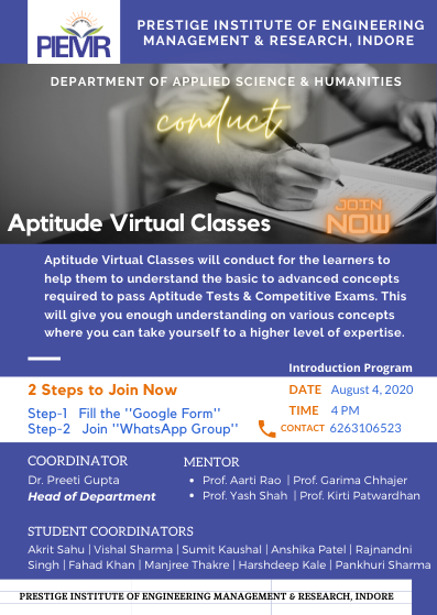 harshdeepkale's tweet photo. #Aptitude #VirtualClasses will conduct for the learners to help them to understand the basic to advanced concepts.
#JoinNow
https://t.co/gpJcvkE09K
#PiemrIndore 
#onlinelearning
#knockdownthelockdown
#StayHomeStaySafe
#IndiafightsCorona https://t.co/dcoYkDG0lO