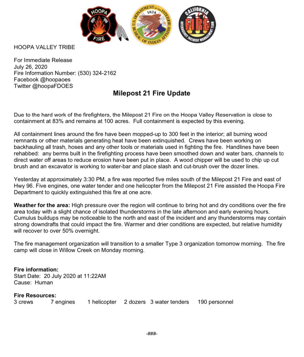 HoopaFDOES's tweet photo. Happy Sunday, everyone! Here is today’s update for the #Milepost21Fire. 

Due to the hard work of the firefighters, the Milepost 21 Fire on the Hoopa Valley Reservation is close to containment at 83% and remains at 100 acres. We’re expecting 90% containment by this evening. https://t.co/1KkNR89zs5