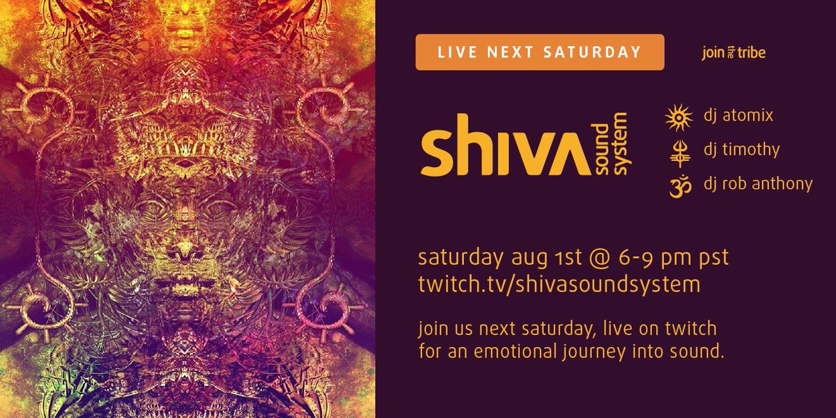 shivasoundtribe's tweet photo. Join us live next Saturday Aug 1st @ 6pm PDT for an emotional journey into sound. DJs Timothy, Rob Anthony and Atomix. Join the tribe. #housemusic #dance #sfhouse #jointhetribe https://t.co/o31HqzL4rM