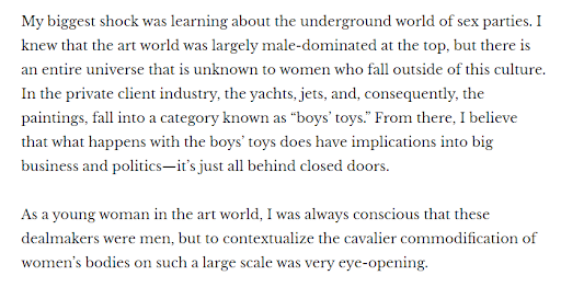 According to the author of The Bouvier Affair, her biggest shock was learning about the underground world of “sex parties”.The “commodification of women’s bodies on such a large scale was very eye-opening.”  https://www.barnebys.com/blog/you-started-writingthe-bouvier-affair-a-true-storyas  #opDeathEaters