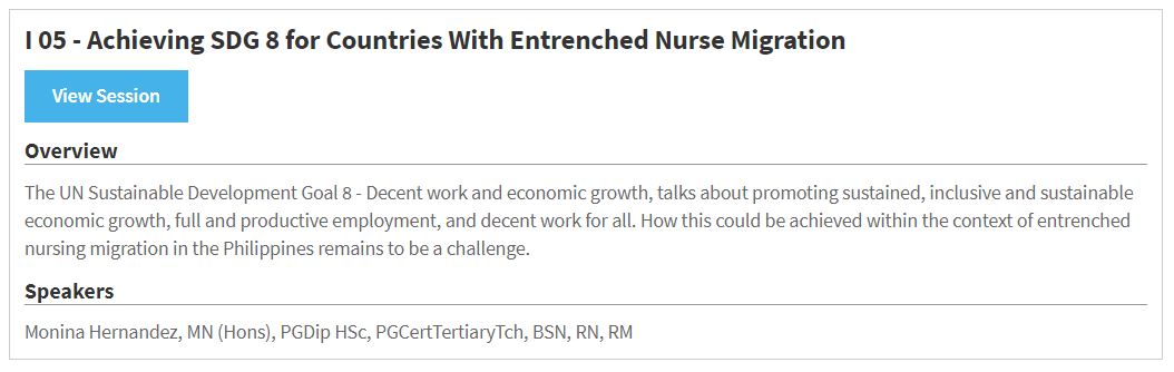moninagesnz's tweet photo. Proud to present @ 31st International Nursing Research Congress of  Sigma Theta Tau International Honour Society of Nursing. Below is a glimpse of my work about SDG8 &amp; nursing workforce. It was a well-attended event with 46 countries represented!
#INRC2020
#MigrantNurseLeader https://t.co/hvpvU04ySr