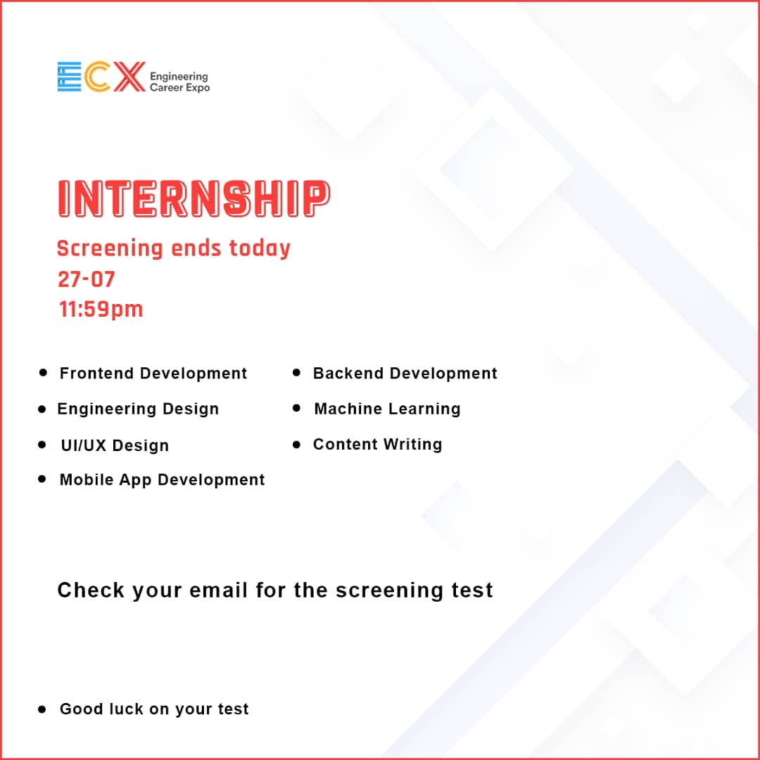engcareerexpo's tweet photo. Kindly Check Your Mails for the screening test.
The screening test is only available until 11:59pm. Good luck!
#ecxunilag #engineeringcareerexpo #ECXInternship #virtualintership #internship #webdevelopment #uiux #MachineLearning #staysafe https://t.co/q81eSk5Gyl
