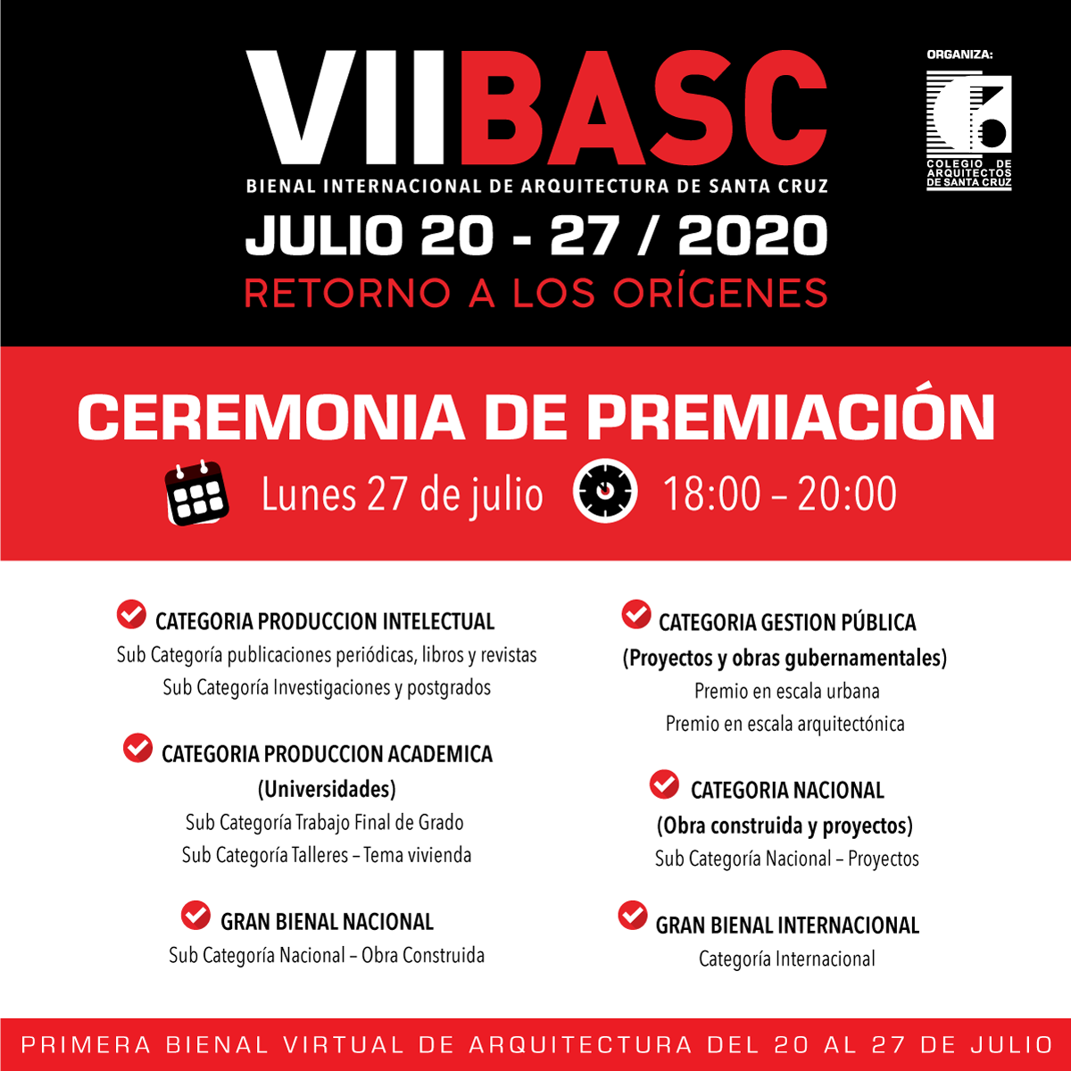basc2020's tweet photo. Más de 180 proyectos están en competencia en diferentes categorías y este lunes 27 de julio conoceremos a los ganadores. Con esta actividad concluye la VII Bienal Internacional de Arquitectura de Santa Cruz.

🗓️ Lunes 27 de Julio
⏱️ 18:00 - 20:00

#BASC2020 #Bolivia #Premios https://t.co/217VznvjdK