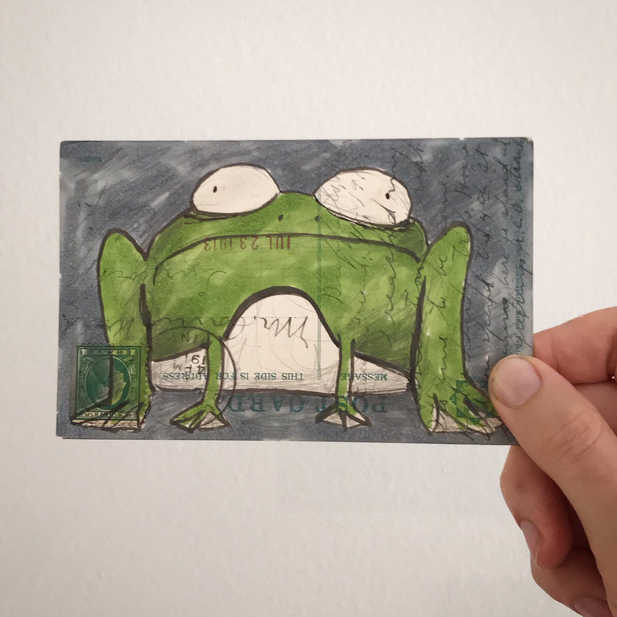 I forgot how fun these things are.
#frog #illustration #foundpaper #318art #inkdrawing #postcardart