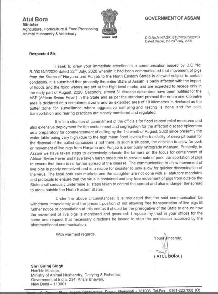 Very recently the centre had allowed the movement of pigs from Haryana and Punjab to NE region to which  @neppfa condemned the order and Hon Minister  @ATULBORA2 even responded vide a letter to withdraw that order sighting many reasons including  #ASF and  #Covid19 protocols.