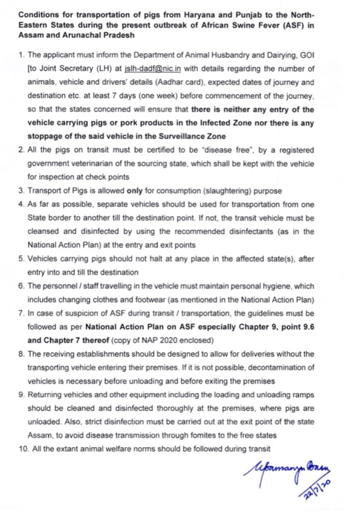 Very recently the centre had allowed the movement of pigs from Haryana and Punjab to NE region to which  @neppfa condemned the order and Hon Minister  @ATULBORA2 even responded vide a letter to withdraw that order sighting many reasons including  #ASF and  #Covid19 protocols.