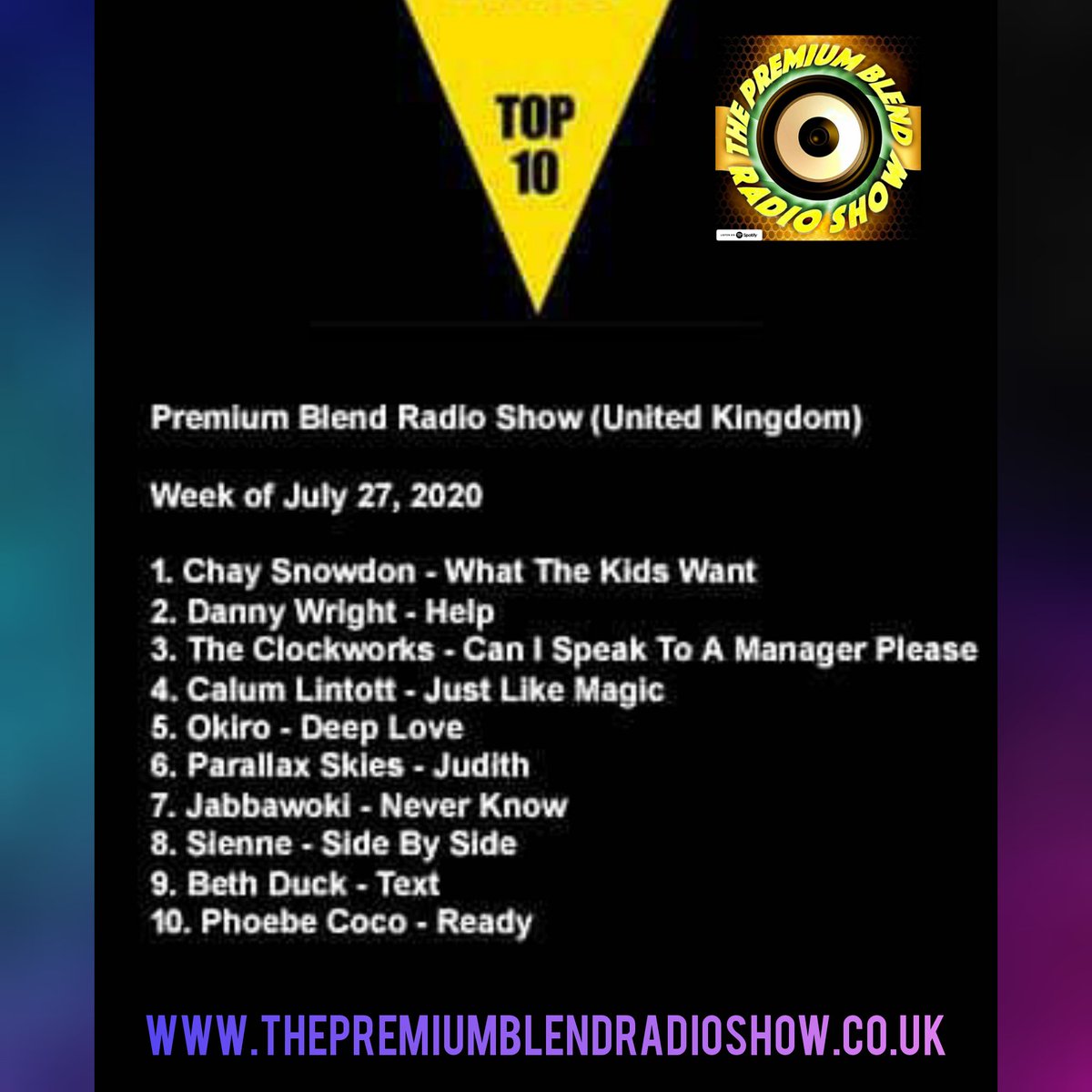 This weeks Top 10 Tunes of The Week

1 <a href="/chaysnowdon/">Chay Snowdon</a> 
2 <a href="/DannyWrightUK/">D A N N Y W R I G H T</a> 
3 <a href="/daclockworks/">The Clockworks</a> 
4 <a href="/Calum_Lintott/">Calum Lintott</a> 
5 <a href="/okiromusic/">Okiromusic</a> 
6 <a href="/ParallaxSkies/">ParallaxSkies</a> 
7 @JabbawokiLeeds 
8 <a href="/ThisIsSienne/">SIENNE</a> 
9 <a href="/BethDuckyyy/">B E T H D U C K</a>
10 <a href="/phoebecoco/">Phoebe Coco</a> 

open.spotify.com/episode/5bgoIv…

#Top10 #Top10Chart #IndieChart #NewMusic #Indie