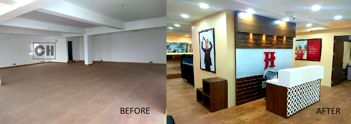 FEATURED COMMERCIAL PROJECT - BEFORE & AFTER IMAGES of  JAWED HABIB HAIR & BEAUTY, YELENAHALLI, BEGUR @interiorpixs @Designlnterior