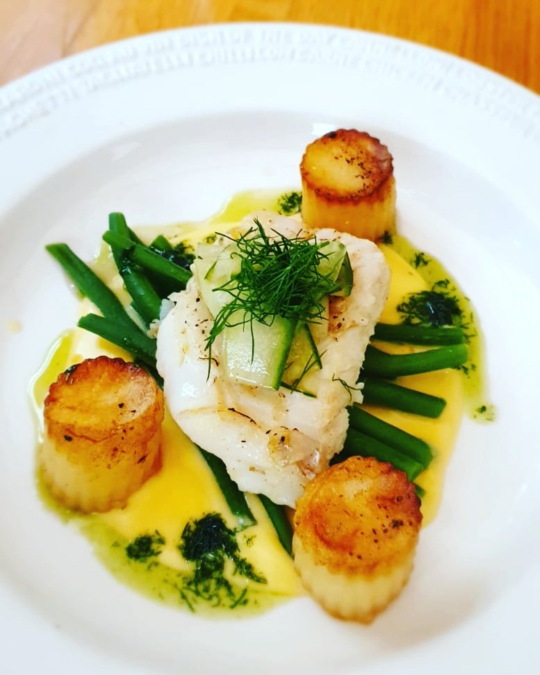 AdamMorrison76's tweet photo. Staying in is the new going out !

 Pan Roast Cod, Buttered Green Beans, Beurre Blanc, Fondant Potatoes, Pickled Cucumber and a Dill Oil . 🥂
#CMFIUUBS #NorthernIreland https://t.co/QKLY5sAPih
