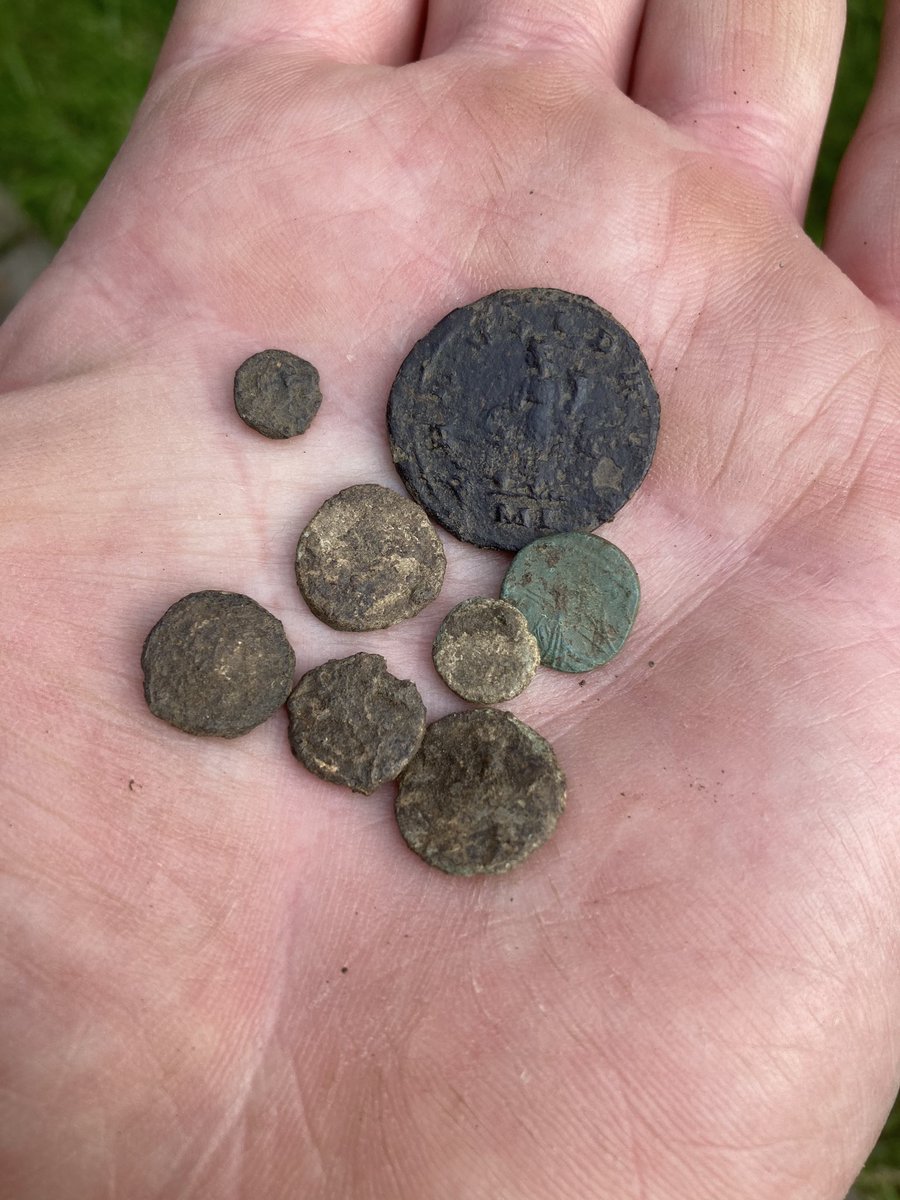 ChrisGoGodfrey's tweet photo. The great #detecting conditions &amp; the #Deus on form meant for a busy afternoon. Several #minims too. Wish I’d updated firmware sooner. Sadly most of the coins have been eaten by nitrates but a couple are nice. ML is #Londinium I think. Well worth the drive to my fav #Roman site. https://t.co/5a84owXcnA